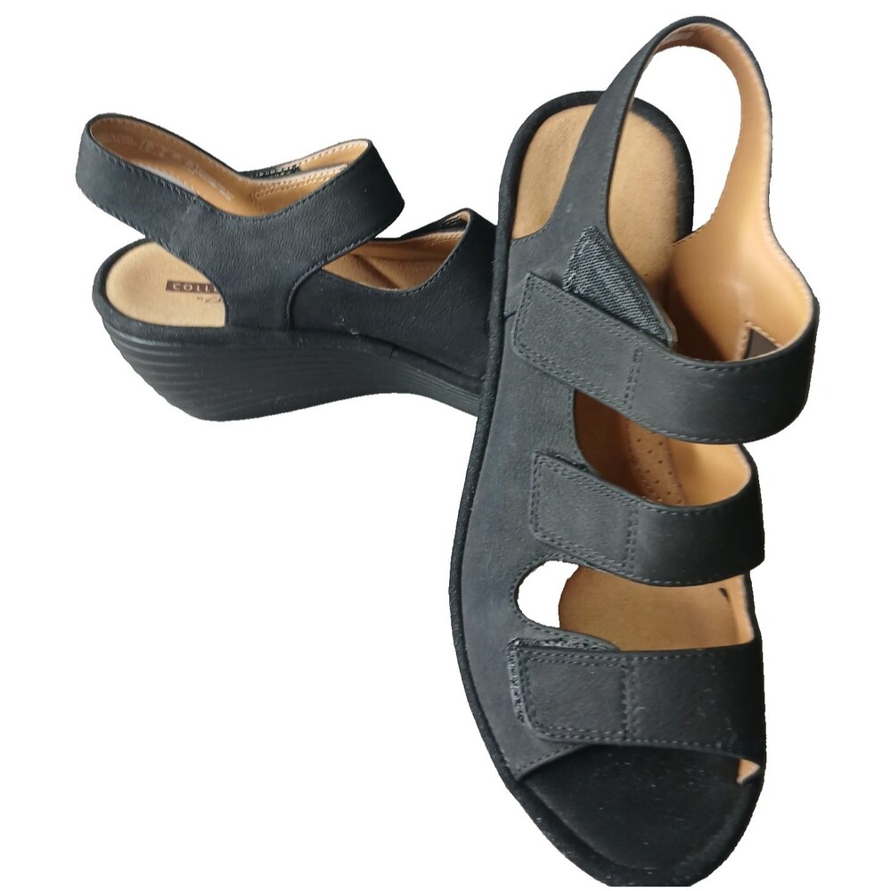 Clarks Collection Soft Cushion 3 Strap Black Suede Wedge Sandals Size 7 Womens